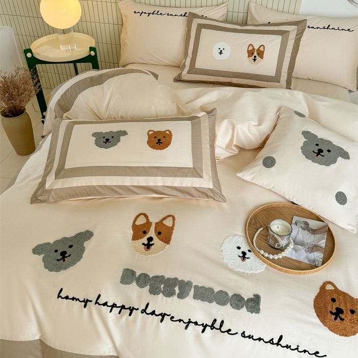 91家纺网 家纺一手货源 找家纺 波比可可 2026新款50s长绒棉纯棉全棉居家轻奢刺绣四件套 快乐狗