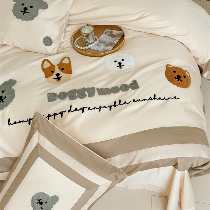 91家纺网 家纺一手货源 找家纺 波比可可 2026新款50s长绒棉纯棉全棉居家轻奢刺绣四件套 快乐狗