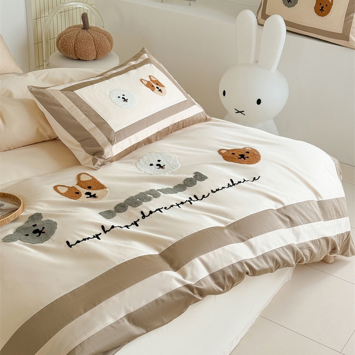 91家纺网 家纺一手货源 找家纺 波比可可 2026新款50s长绒棉纯棉全棉居家轻奢刺绣四件套 快乐狗