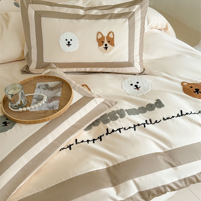 91家纺网 家纺一手货源 找家纺 波比可可 2026新款50s长绒棉纯棉全棉居家轻奢刺绣四件套 快乐狗