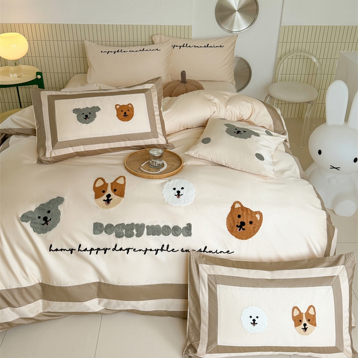 91家纺网 家纺一手货源 找家纺 波比可可 2026新款50s长绒棉纯棉全棉居家轻奢刺绣四件套 快乐狗