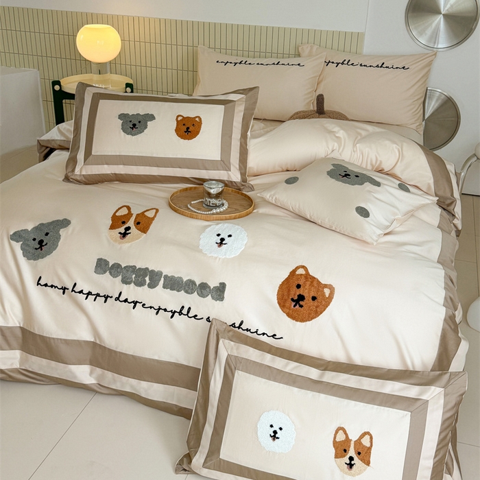 91家纺网 家纺一手货源 找家纺 波比可可 2026新款50s长绒棉纯棉全棉居家轻奢刺绣四件套 快乐狗