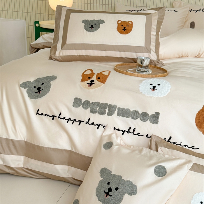 91家纺网 家纺一手货源 找家纺 波比可可 2026新款50s长绒棉纯棉全棉居家轻奢刺绣四件套 快乐狗