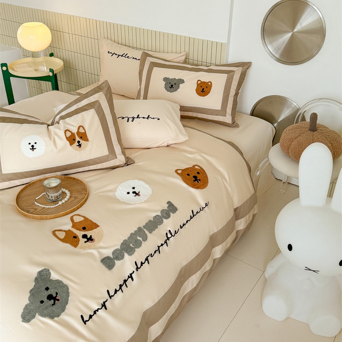 91家纺网 家纺一手货源 找家纺 波比可可 2026新款50s长绒棉纯棉全棉居家轻奢刺绣四件套 快乐狗