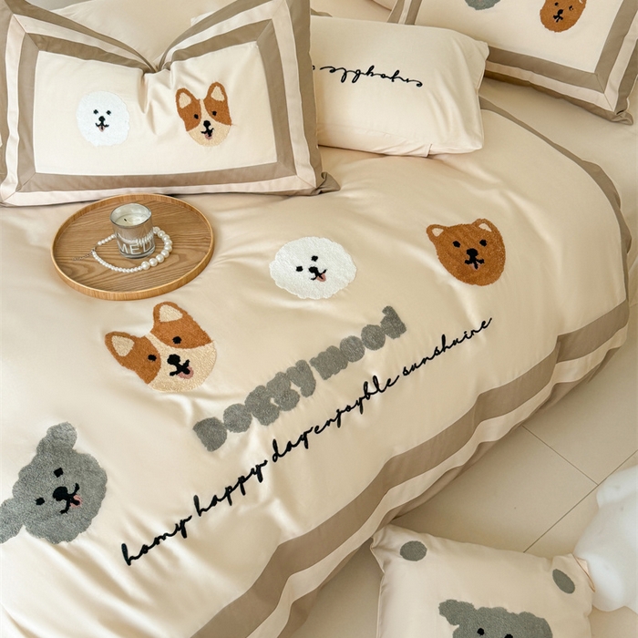 91家纺网 家纺一手货源 找家纺 波比可可 2026新款50s长绒棉纯棉全棉居家轻奢刺绣四件套 快乐狗