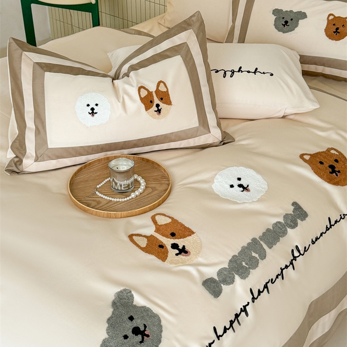 91家纺网 家纺一手货源 找家纺 波比可可 2026新款50s长绒棉纯棉全棉居家轻奢刺绣四件套 快乐狗