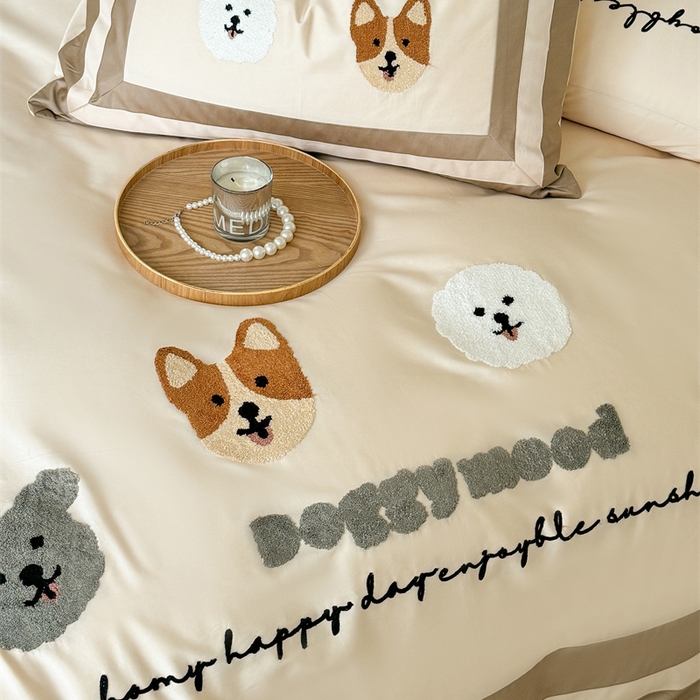 91家纺网 家纺一手货源 找家纺 波比可可 2026新款50s长绒棉纯棉全棉居家轻奢刺绣四件套 快乐狗