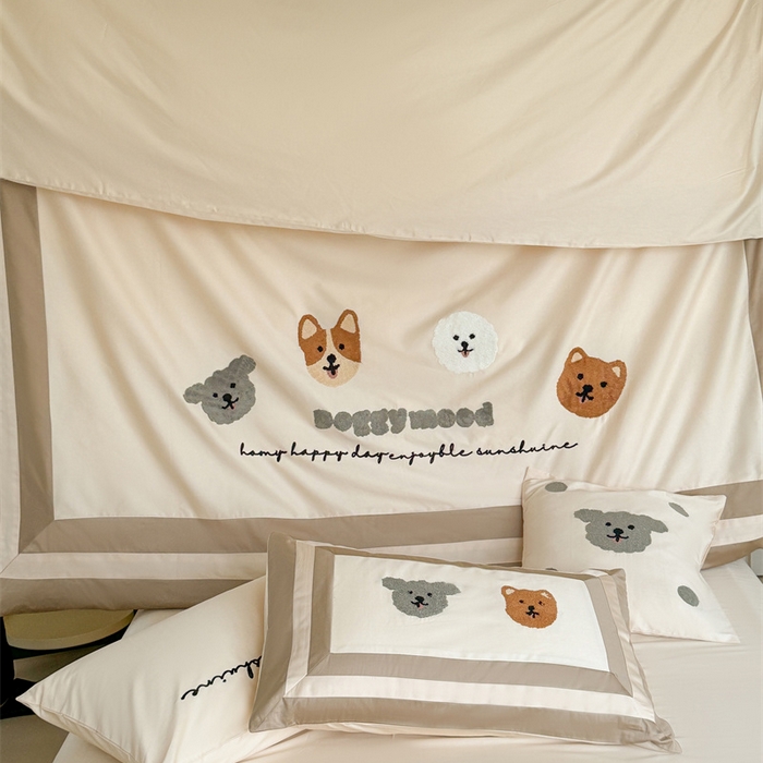 91家纺网 家纺一手货源 找家纺 波比可可 2026新款50s长绒棉纯棉全棉居家轻奢刺绣四件套 快乐狗