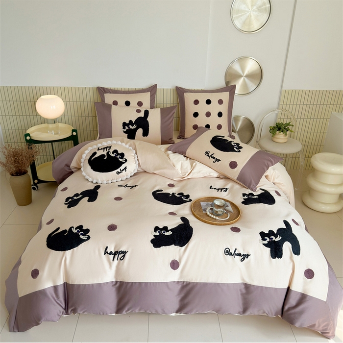 波比可可 2026新款50s长绒棉纯棉全棉居家轻奢刺绣四件套 快乐喵