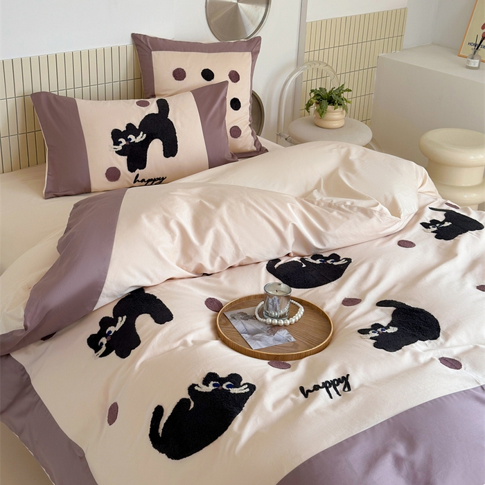 91家纺网 家纺一手货源 找家纺 波比可可 2026新款50s长绒棉纯棉全棉居家轻奢刺绣四件套 快乐喵