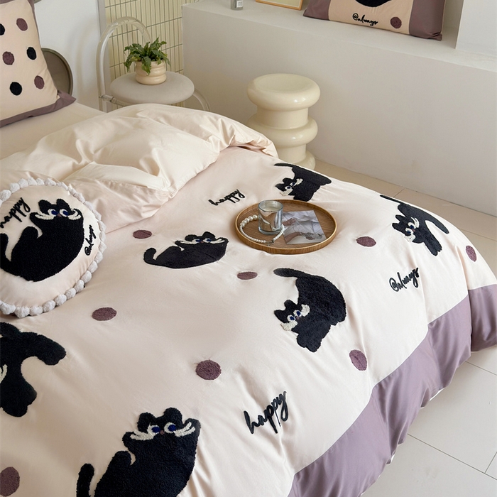 91家纺网 家纺一手货源 找家纺 波比可可 2026新款50s长绒棉纯棉全棉居家轻奢刺绣四件套 快乐喵