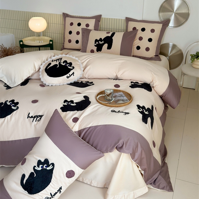 91家纺网 家纺一手货源 找家纺 波比可可 2026新款50s长绒棉纯棉全棉居家轻奢刺绣四件套 快乐喵