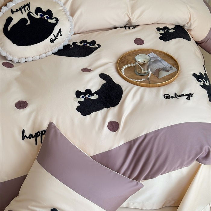 91家纺网 家纺一手货源 找家纺 波比可可 2026新款50s长绒棉纯棉全棉居家轻奢刺绣四件套 快乐喵