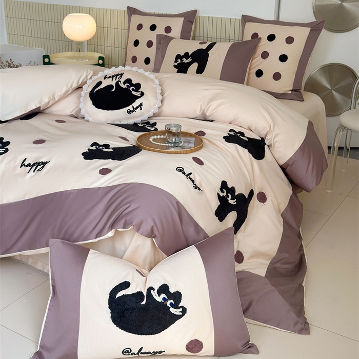 91家纺网 家纺一手货源 找家纺 波比可可 2026新款50s长绒棉纯棉全棉居家轻奢刺绣四件套 快乐喵