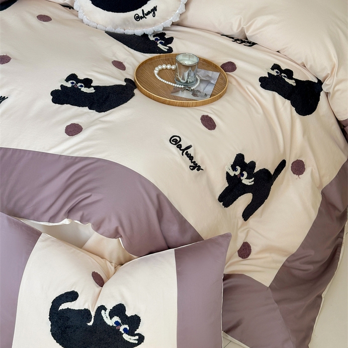 91家纺网 家纺一手货源 找家纺 波比可可 2026新款50s长绒棉纯棉全棉居家轻奢刺绣四件套 快乐喵