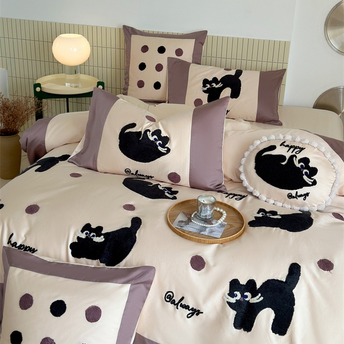 91家纺网 家纺一手货源 找家纺 波比可可 2026新款50s长绒棉纯棉全棉居家轻奢刺绣四件套 快乐喵