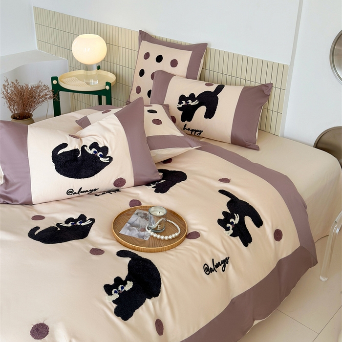 91家纺网 家纺一手货源 找家纺 波比可可 2026新款50s长绒棉纯棉全棉居家轻奢刺绣四件套 快乐喵