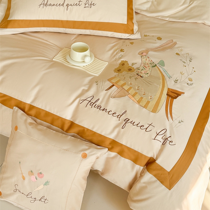 91家纺网 家纺一手货源 找家纺 波比可可 2026新款50s长绒棉纯棉全棉居家轻奢刺绣四件套 兔子