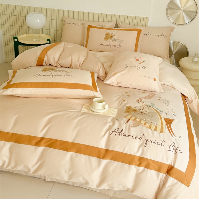 91家纺网 家纺一手货源 找家纺 波比可可 2026新款50s长绒棉纯棉全棉居家轻奢刺绣四件套 兔子