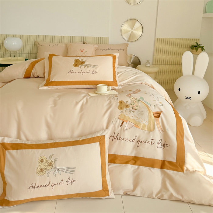 91家纺网 家纺一手货源 找家纺 波比可可 2026新款50s长绒棉纯棉全棉居家轻奢刺绣四件套 兔子