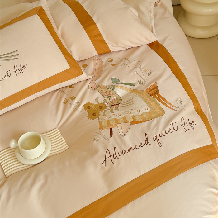 91家纺网 家纺一手货源 找家纺 波比可可 2026新款50s长绒棉纯棉全棉居家轻奢刺绣四件套 兔子