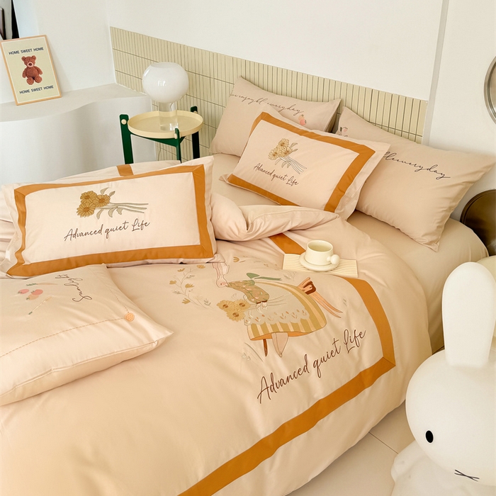 91家纺网 家纺一手货源 找家纺 波比可可 2026新款50s长绒棉纯棉全棉居家轻奢刺绣四件套 兔子