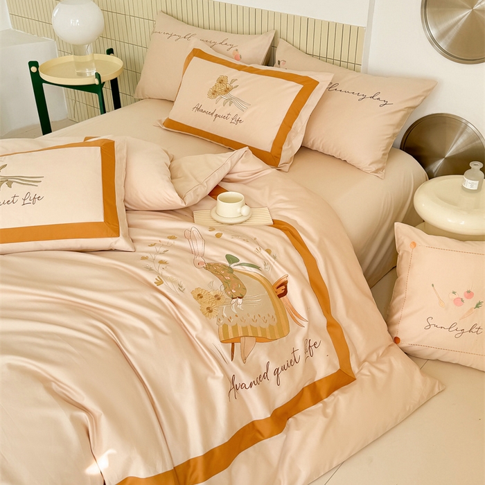 91家纺网 家纺一手货源 找家纺 波比可可 2026新款50s长绒棉纯棉全棉居家轻奢刺绣四件套 兔子