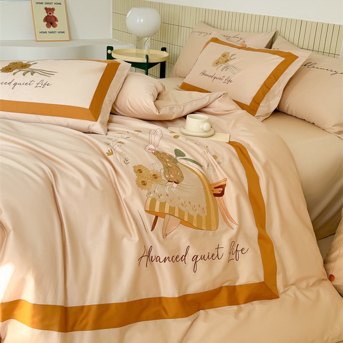 91家纺网 家纺一手货源 找家纺 波比可可 2026新款50s长绒棉纯棉全棉居家轻奢刺绣四件套 兔子