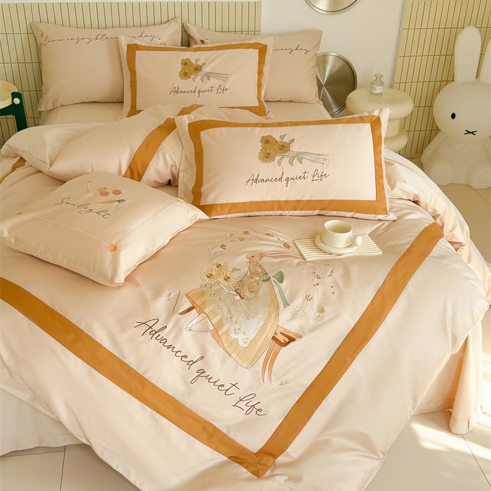 91家纺网 家纺一手货源 找家纺 波比可可 2026新款50s长绒棉纯棉全棉居家轻奢刺绣四件套 兔子