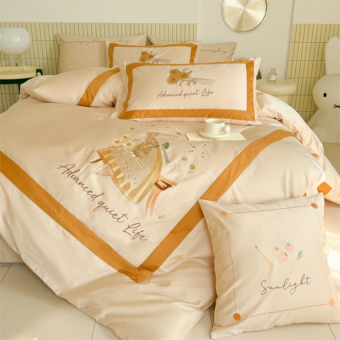 91家纺网 家纺一手货源 找家纺 波比可可 2026新款50s长绒棉纯棉全棉居家轻奢刺绣四件套 兔子