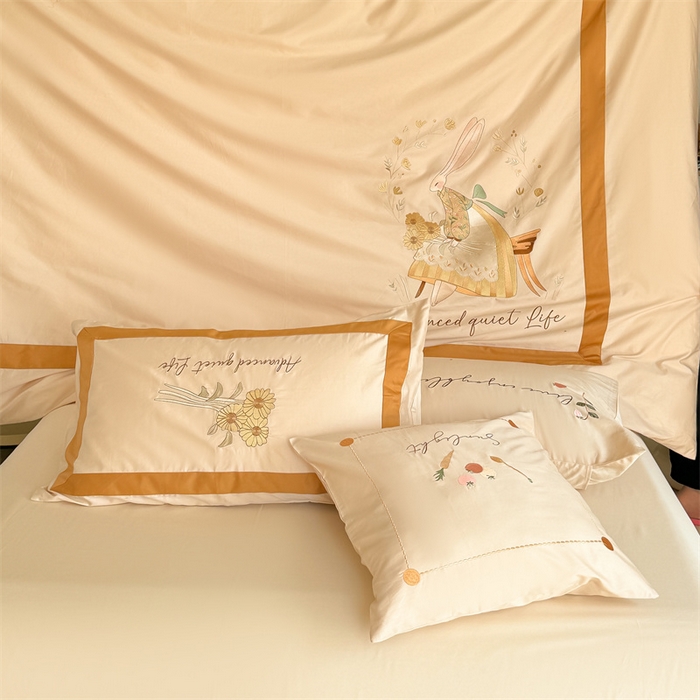 91家纺网 家纺一手货源 找家纺 波比可可 2026新款50s长绒棉纯棉全棉居家轻奢刺绣四件套 兔子