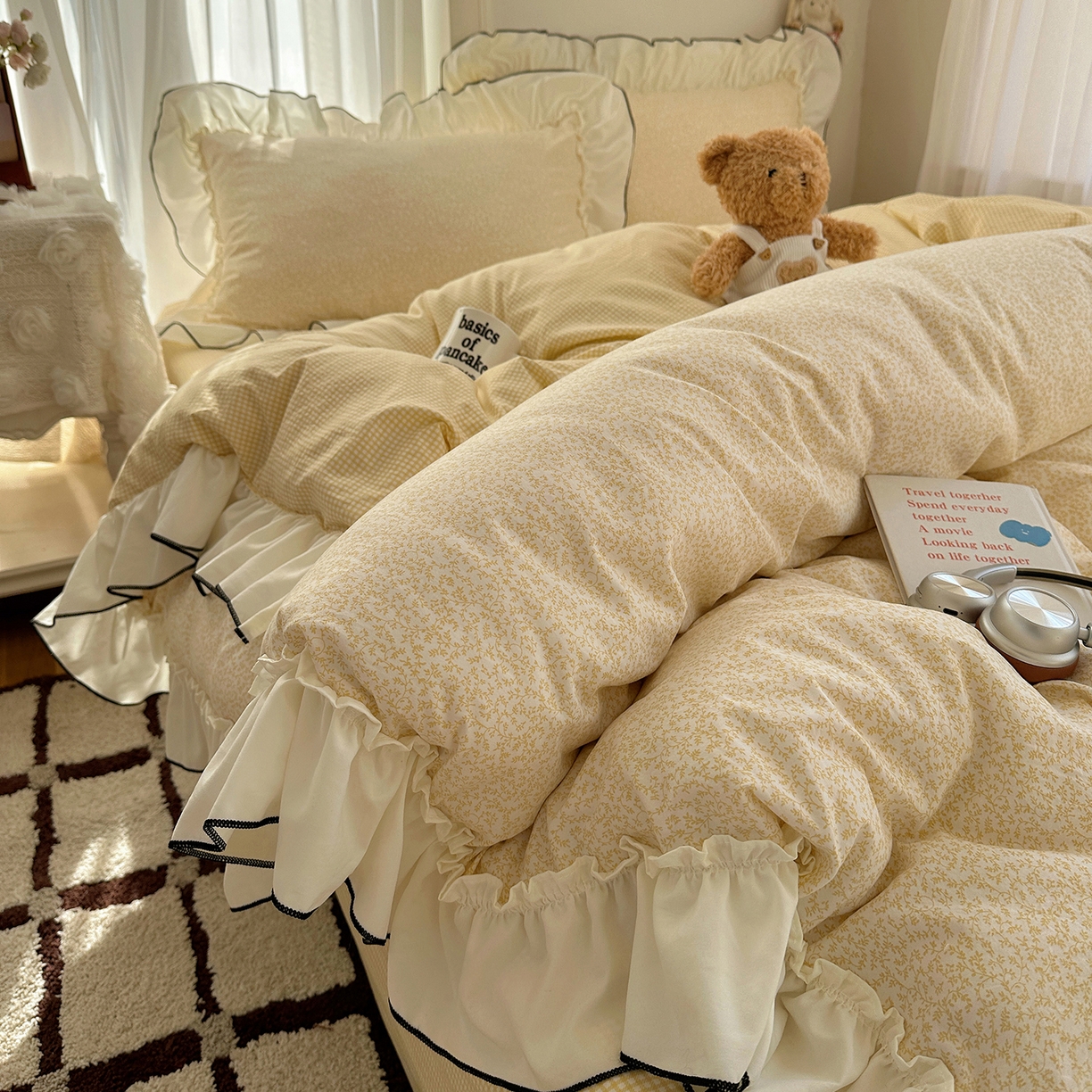 91家纺网 家纺一手货源 找家纺 （总）沐芷 2026 【提供买家秀】法式风花边四件套A类仿棉 简约小清新床上用品被罩被套