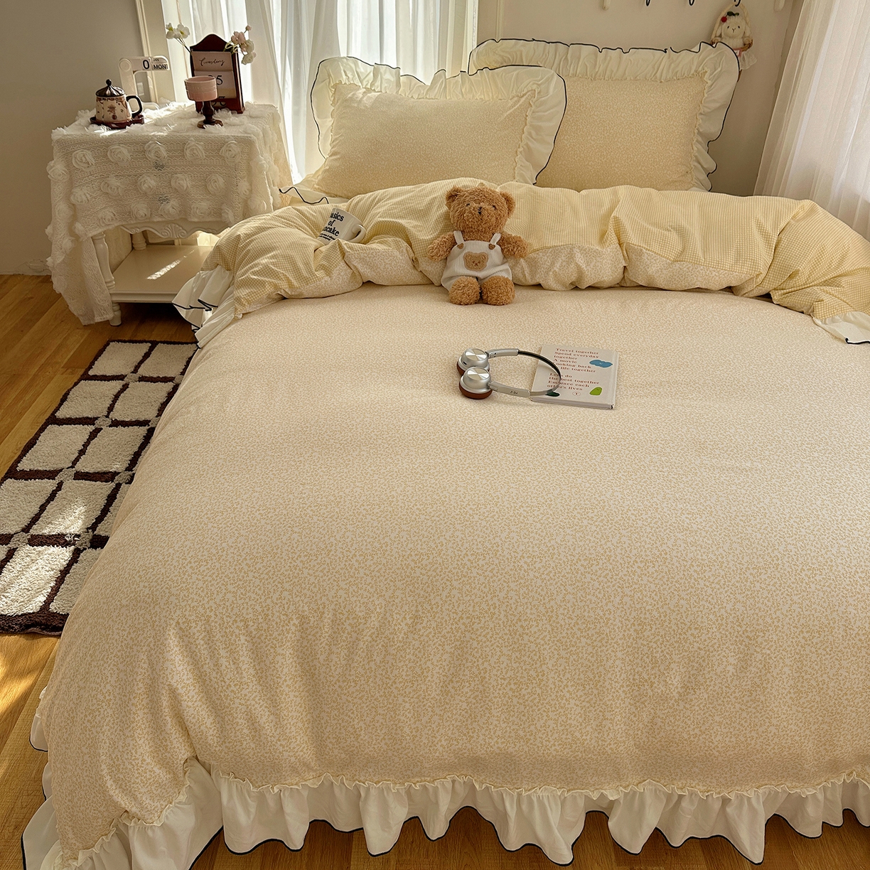 91家纺网 家纺一手货源 找家纺 （总）沐芷 2026 【提供买家秀】法式风花边四件套A类仿棉 简约小清新床上用品被罩被套