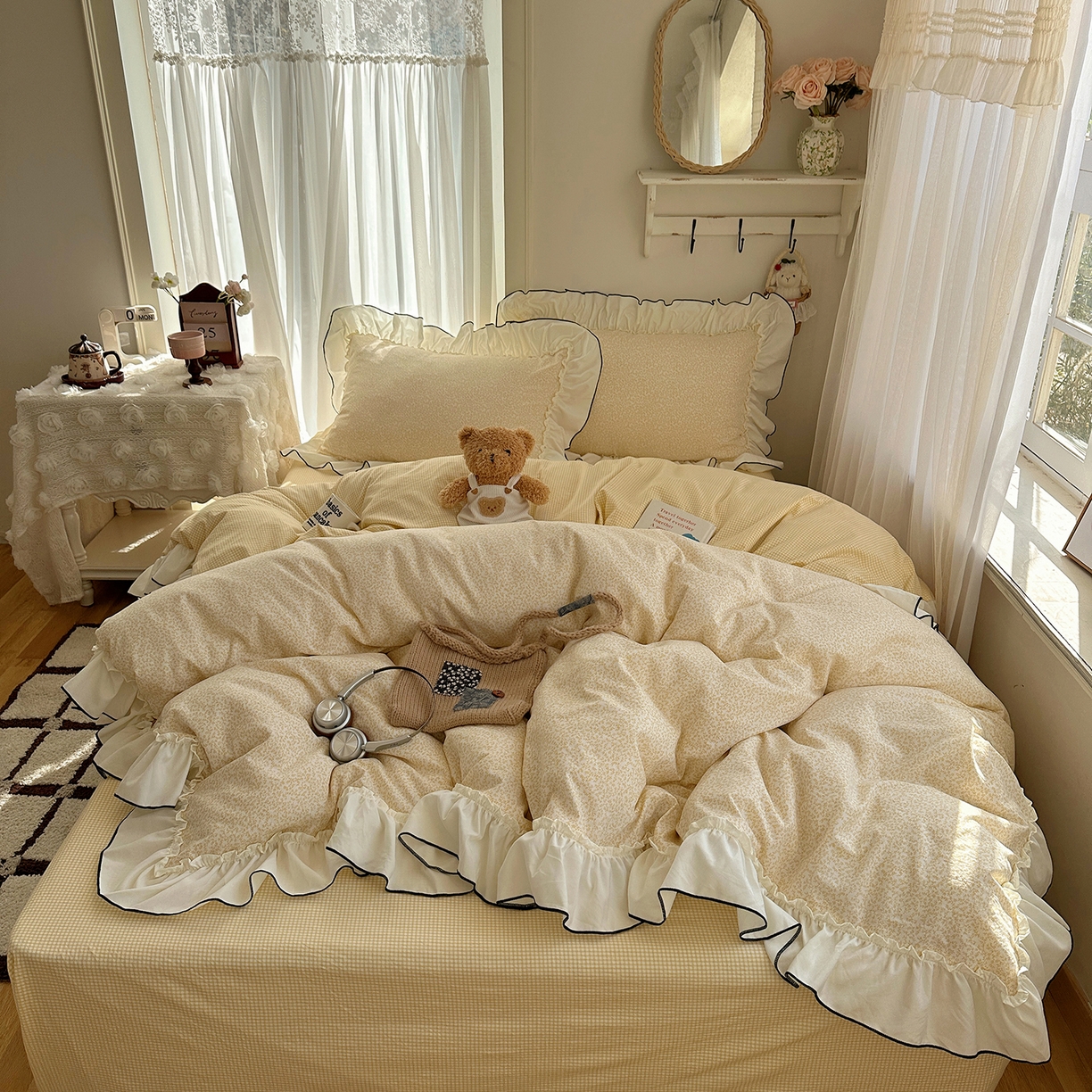 91家纺网 家纺一手货源 找家纺 沐芷 2026 【提供买家秀】法式风花边四件套A类仿棉 简约小清新床上用品被罩被套 花边恋曲-黄