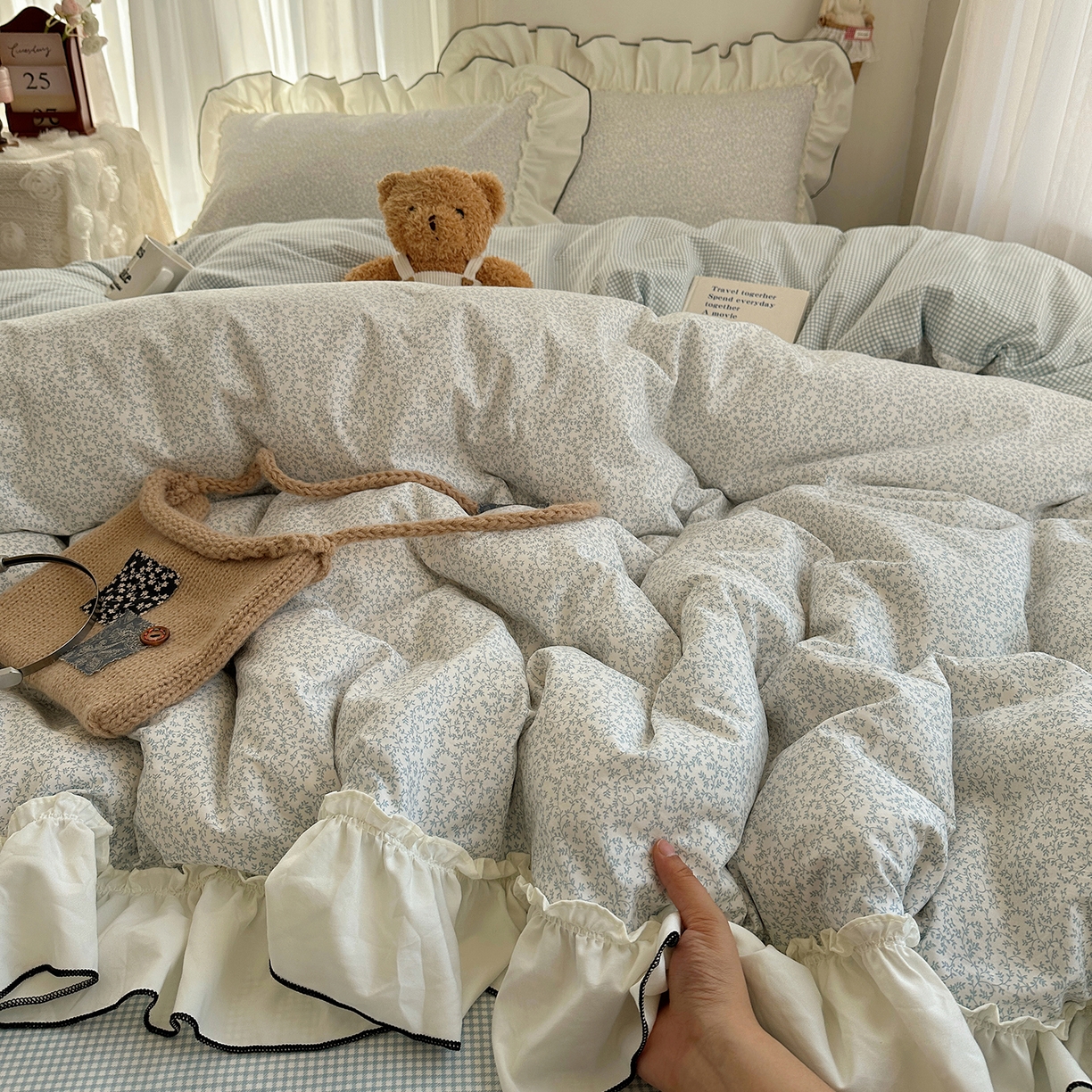 沐芷 2026 【提供买家秀】法式风花边四件套A类仿棉 简约小清新床上用品被罩被套 花边恋曲-蓝