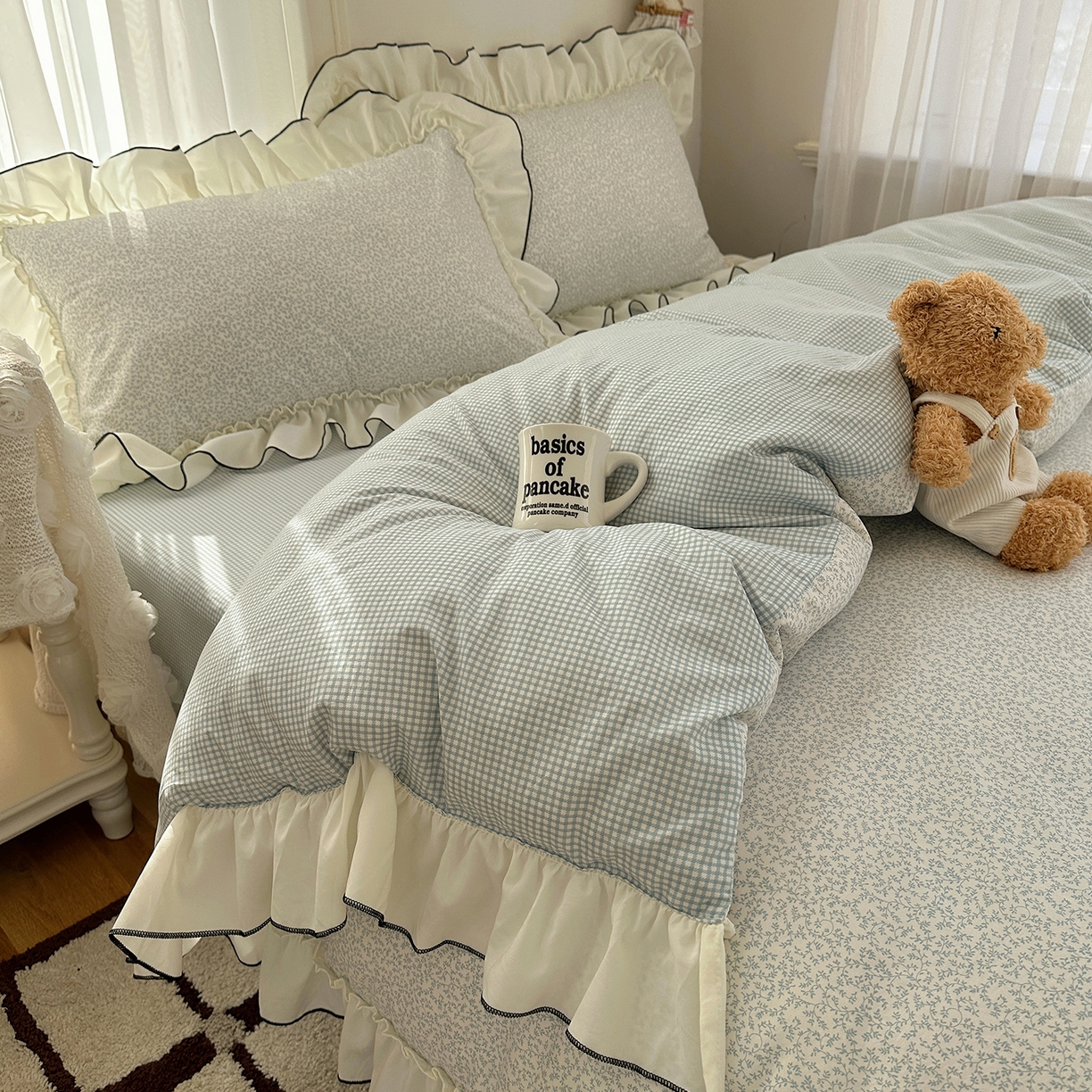 91家纺网 家纺一手货源 找家纺 沐芷 2026 【提供买家秀】法式风花边四件套A类仿棉 简约小清新床上用品被罩被套 花边恋曲-蓝