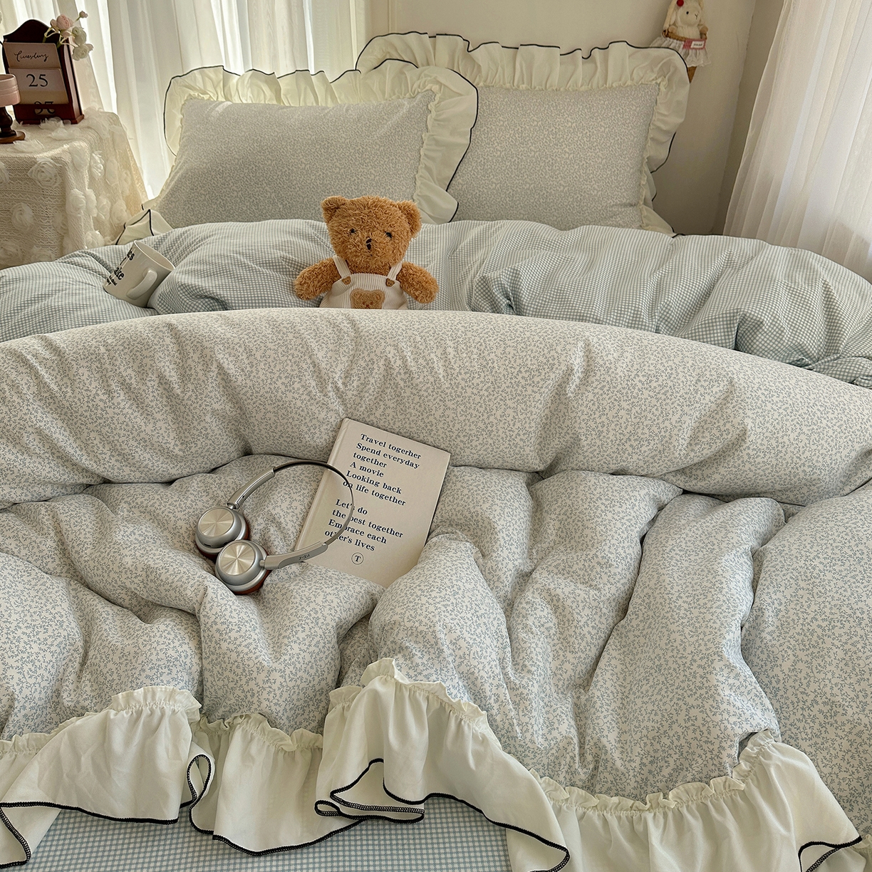 91家纺网 家纺一手货源 找家纺 沐芷 2026 【提供买家秀】法式风花边四件套A类仿棉 简约小清新床上用品被罩被套 花边恋曲-蓝