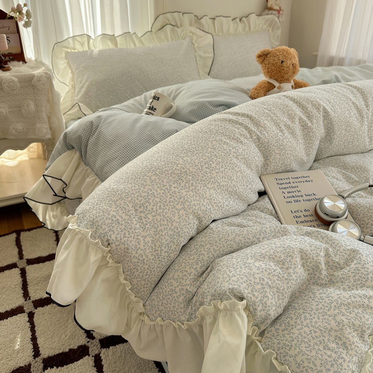 91家纺网 家纺一手货源 找家纺 沐芷 2026 【提供买家秀】法式风花边四件套A类仿棉 简约小清新床上用品被罩被套 花边恋曲-蓝