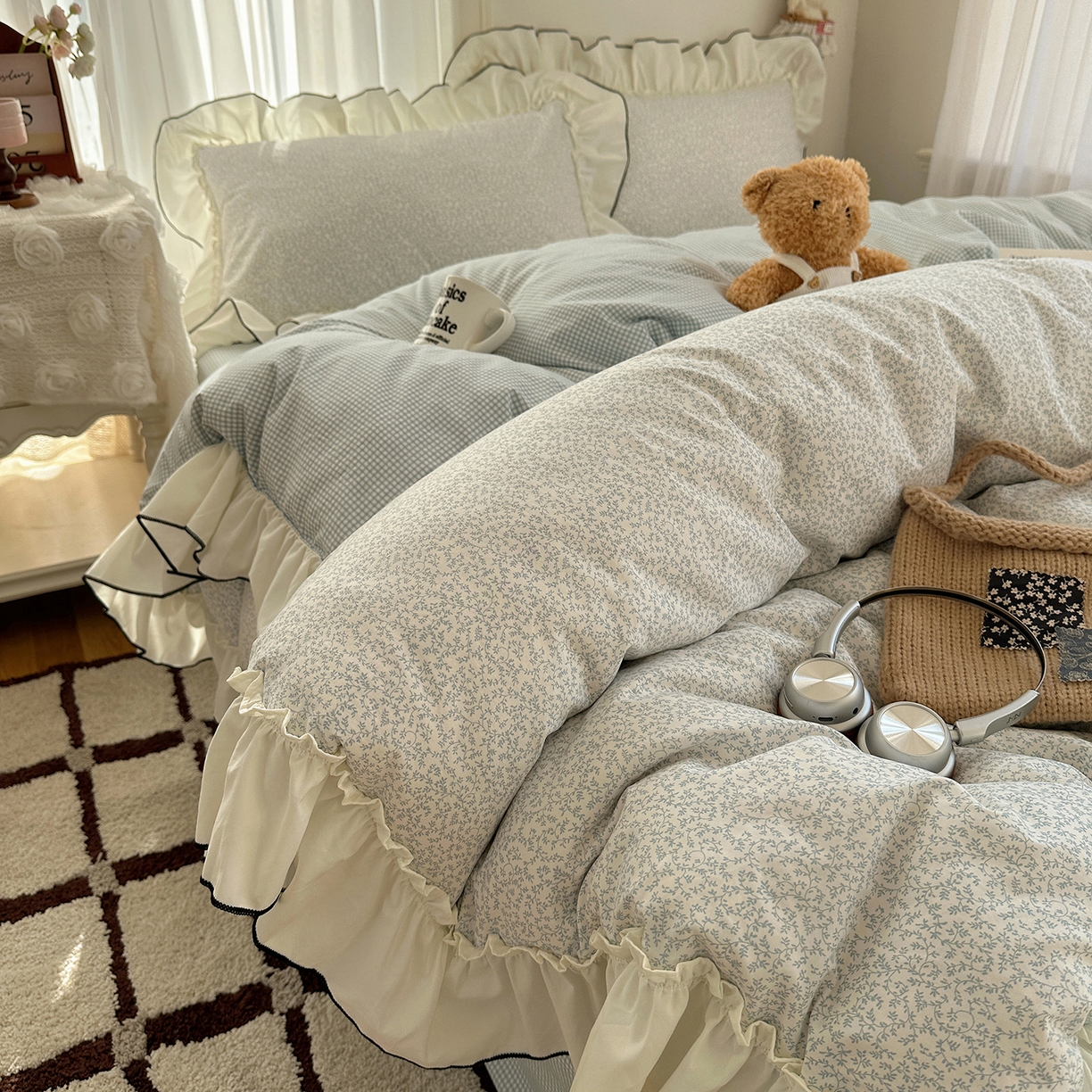 91家纺网 家纺一手货源 找家纺 沐芷 2026 【提供买家秀】法式风花边四件套A类仿棉 简约小清新床上用品被罩被套 花边恋曲-蓝