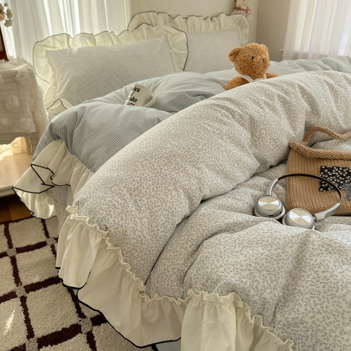 91家纺网 家纺一手货源 找家纺 沐芷 2026 【提供买家秀】法式风花边四件套A类仿棉 简约小清新床上用品被罩被套 花边恋曲-蓝