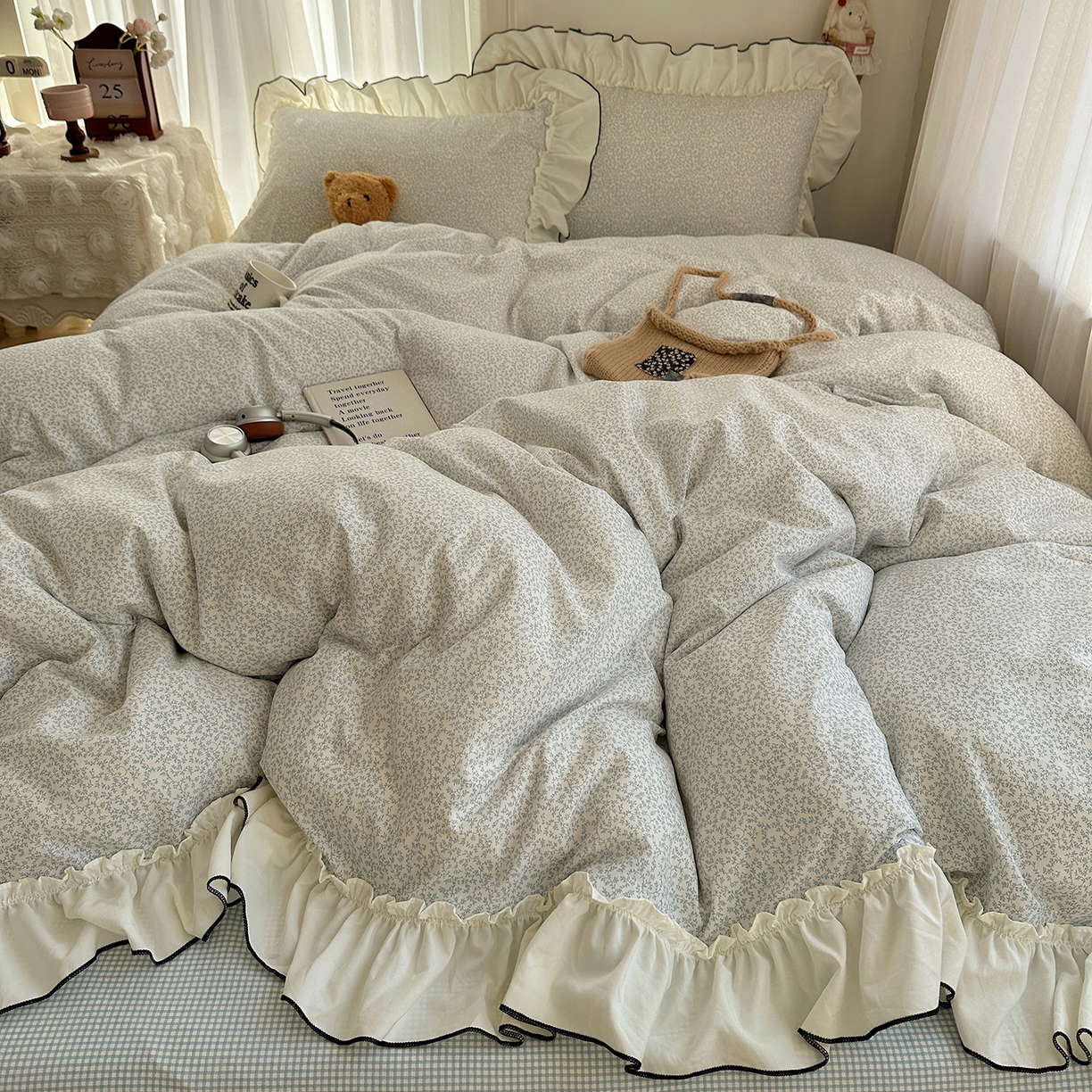 91家纺网 家纺一手货源 找家纺 沐芷 2026 【提供买家秀】法式风花边四件套A类仿棉 简约小清新床上用品被罩被套 花边恋曲-蓝