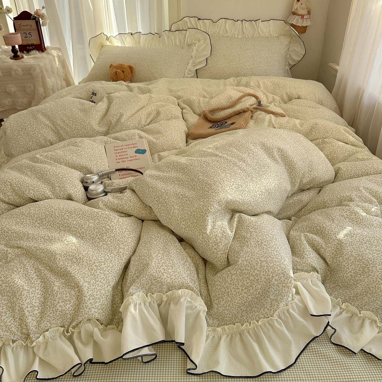 91家纺网 家纺一手货源 找家纺 沐芷 2026 【提供买家秀】法式风花边四件套A类仿棉 简约小清新床上用品被罩被套 花边恋曲-绿