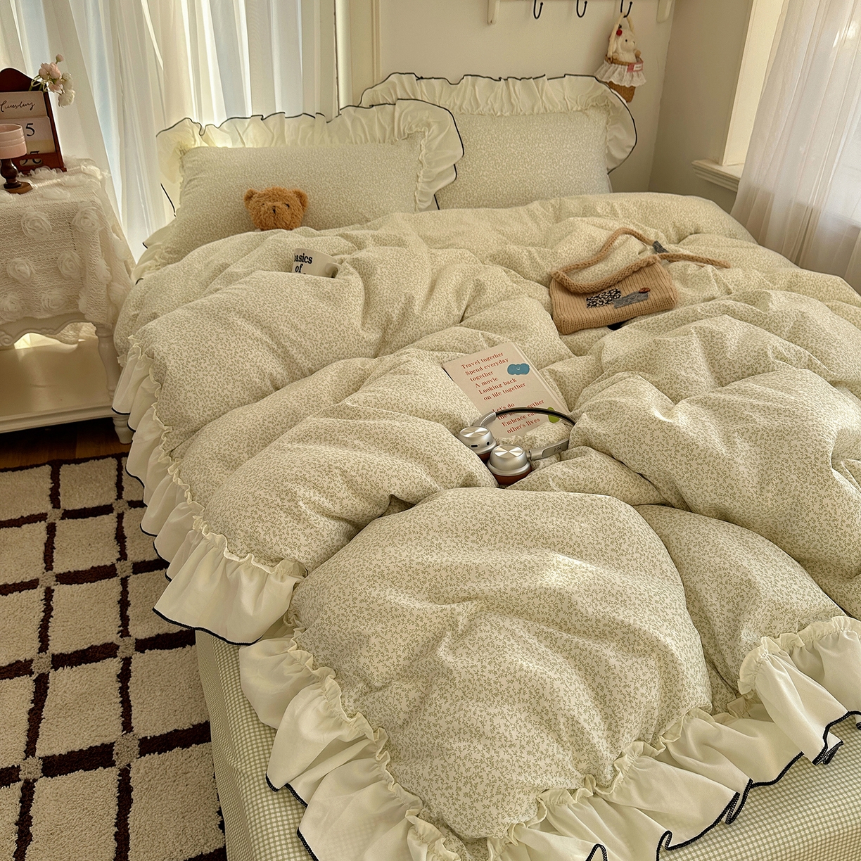 91家纺网 家纺一手货源 找家纺 沐芷 2026 【提供买家秀】法式风花边四件套A类仿棉 简约小清新床上用品被罩被套 花边恋曲-绿