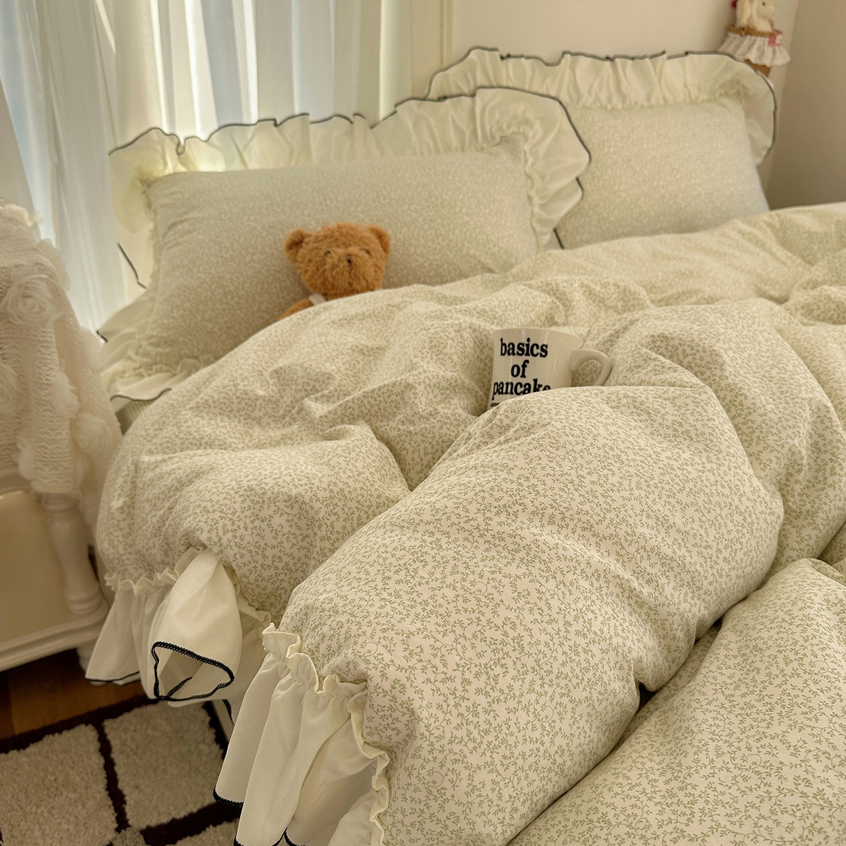 91家纺网 家纺一手货源 找家纺 沐芷 2026 【提供买家秀】法式风花边四件套A类仿棉 简约小清新床上用品被罩被套 花边恋曲-绿