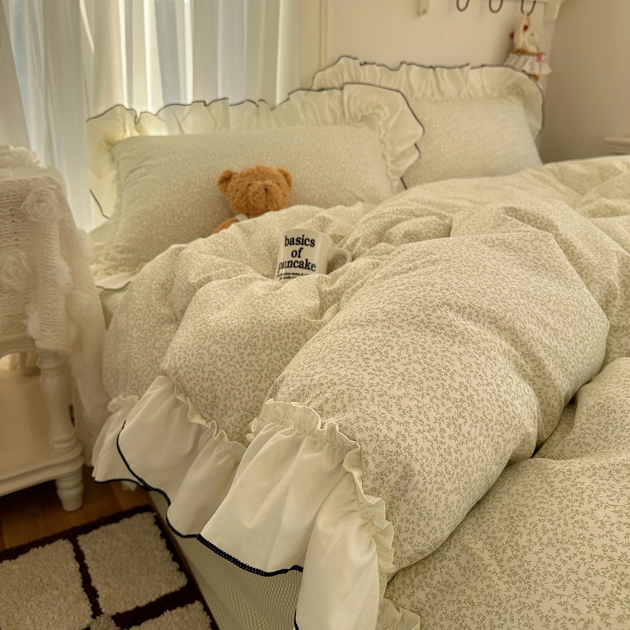 91家纺网 家纺一手货源 找家纺 沐芷 2026 【提供买家秀】法式风花边四件套A类仿棉 简约小清新床上用品被罩被套 花边恋曲-绿