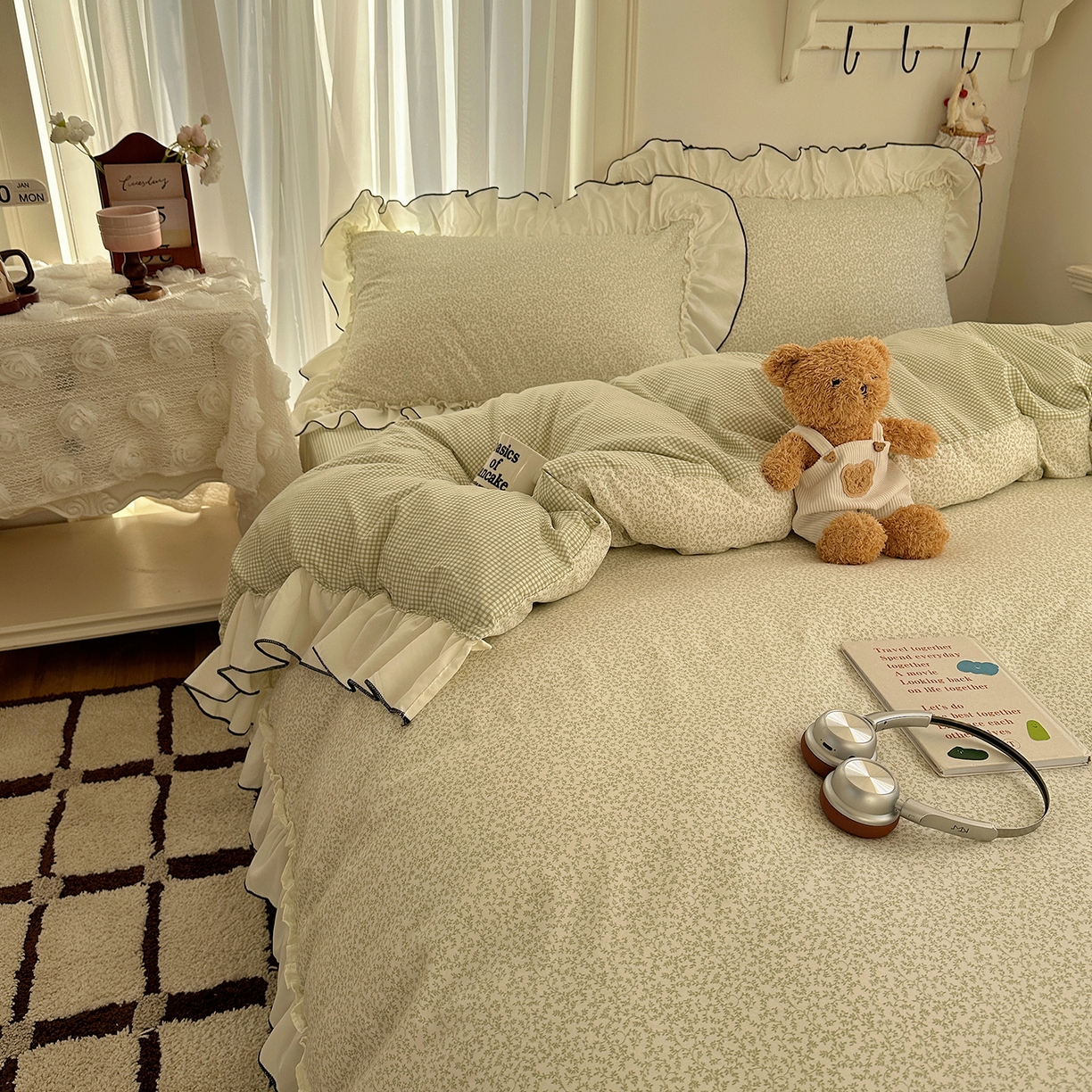 91家纺网 家纺一手货源 找家纺 沐芷 2026 【提供买家秀】法式风花边四件套A类仿棉 简约小清新床上用品被罩被套 花边恋曲-绿