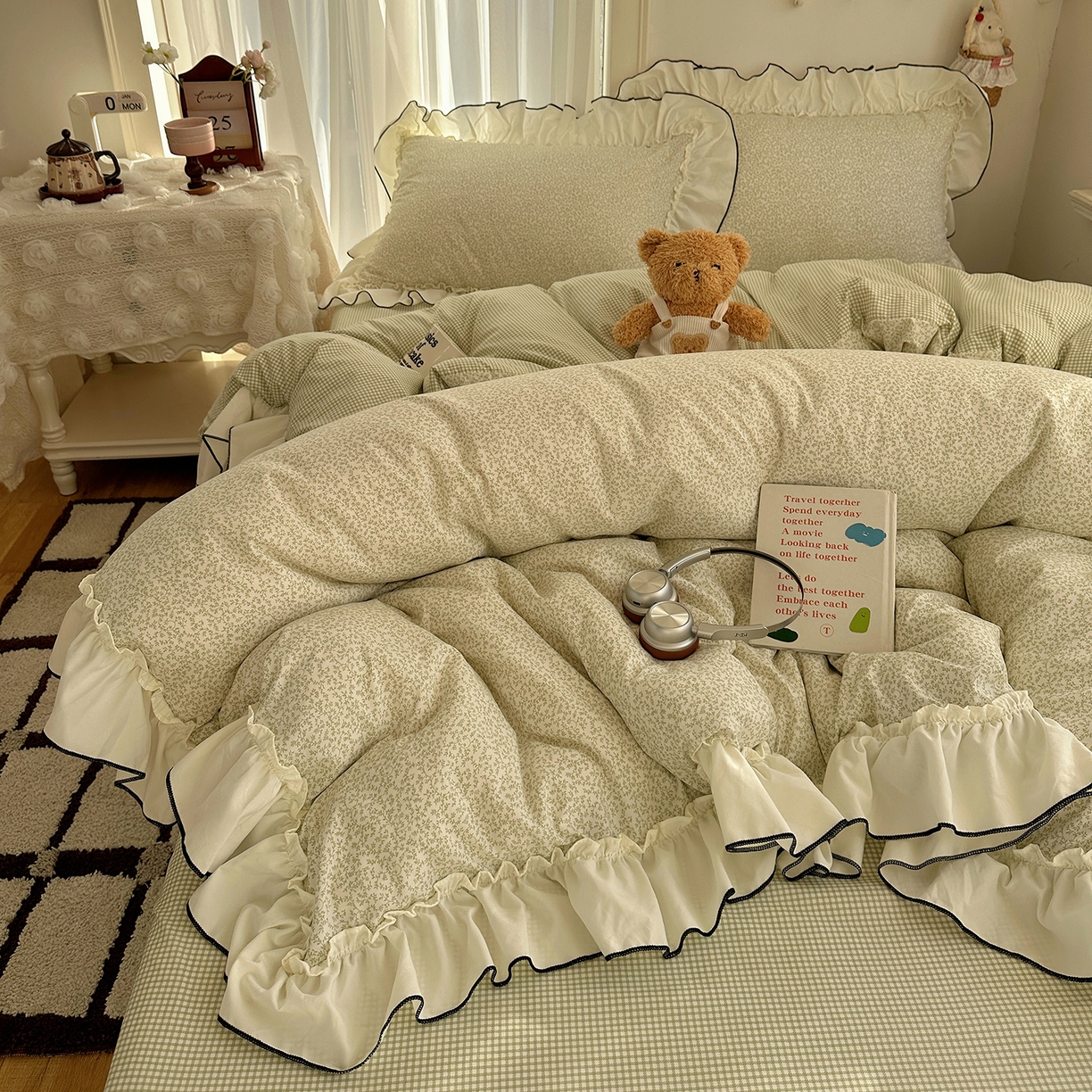 91家纺网 家纺一手货源 找家纺 沐芷 2026 【提供买家秀】法式风花边四件套A类仿棉 简约小清新床上用品被罩被套 花边恋曲-绿