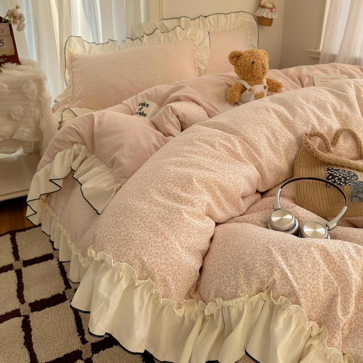 91家纺网 家纺一手货源 找家纺 沐芷 2026 【提供买家秀】法式风花边四件套A类仿棉 简约小清新床上用品被罩被套 花边恋曲-玉