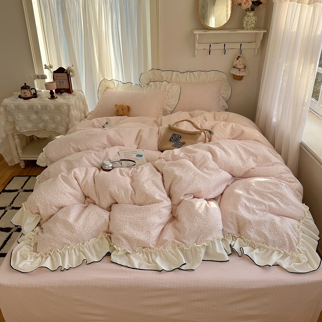 91家纺网 家纺一手货源 找家纺 沐芷 2026 【提供买家秀】法式风花边四件套A类仿棉 简约小清新床上用品被罩被套 花边恋曲-玉