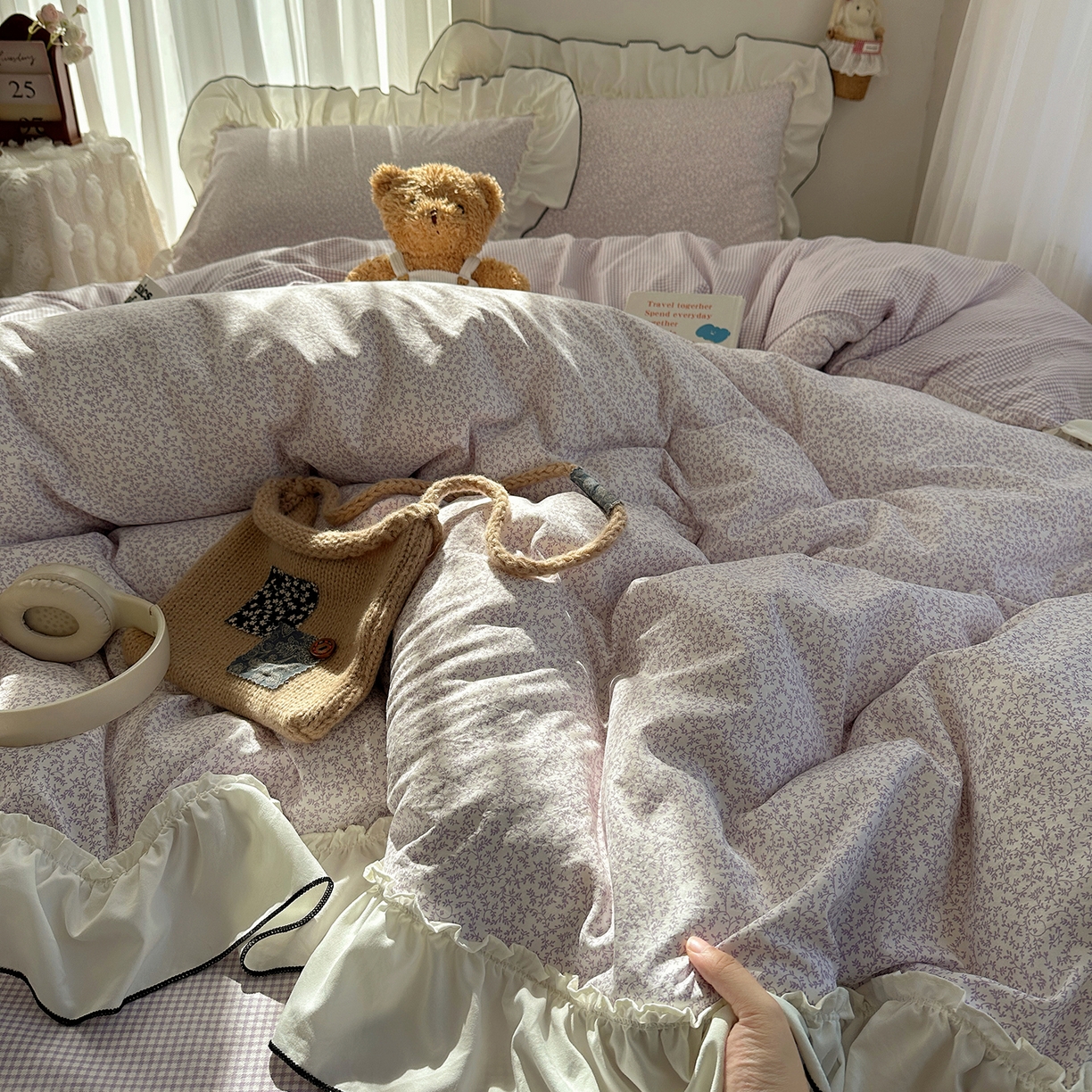 沐芷 2026 【提供买家秀】法式风花边四件套A类仿棉 简约小清新床上用品被罩被套 花边恋曲-紫